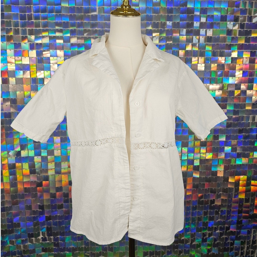 100% Cotton Button Up Shirt Womens XS White Crochet Lace Floral Short‎ Sleeve